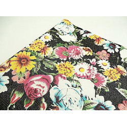tissu coton imprimé fleur multicolore sur fond noir 