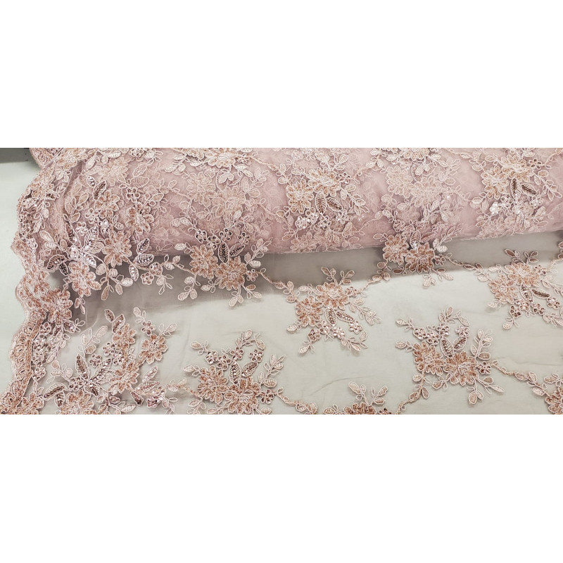 dentelle de laize brodée perlé pailleté saumon