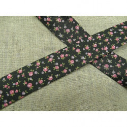 BIAIS LIBERTY coton ou polyester  rond noir & fleurs rose