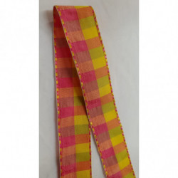 NOUVEAU ruban fantaisie carreau réversible jaune et rose