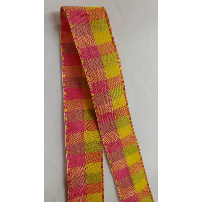 NOUVEAU ruban fantaisie carreau réversible jaune et rose 