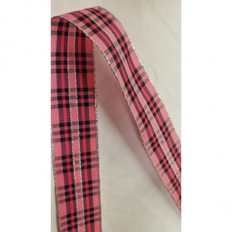 NOUVEAU ruban fantaisie réversible carreau rose lurex argent NOUVEAU ruban fantaisie réversible carreau rose lurex argent