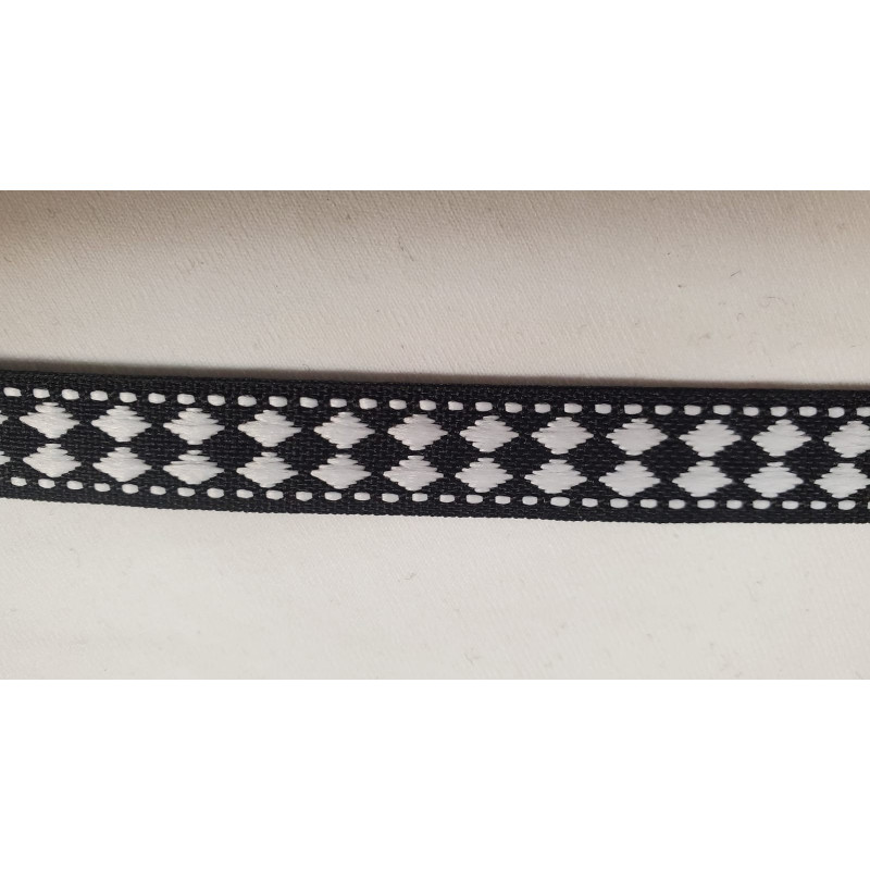 NOUVEAU ruban fantaisie losange blanc sur fond noir