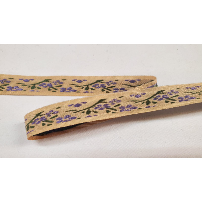 NOUVEAU ruban fantaisie à fleurs violet vert sur fond beige 