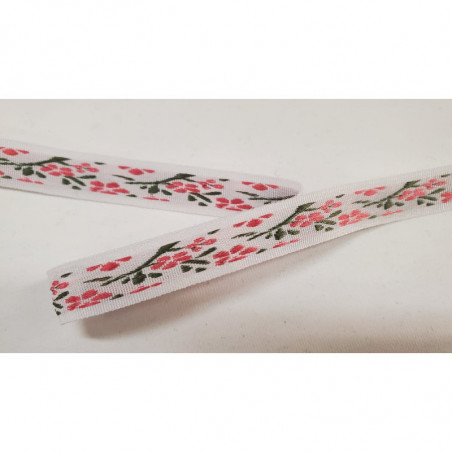 NOUVEAU ruban fantaisie à fleurs fushia et vert sur fond blanc NOUVEAU ruban fantaisie à fleurs fushia et vert sur fond blanc