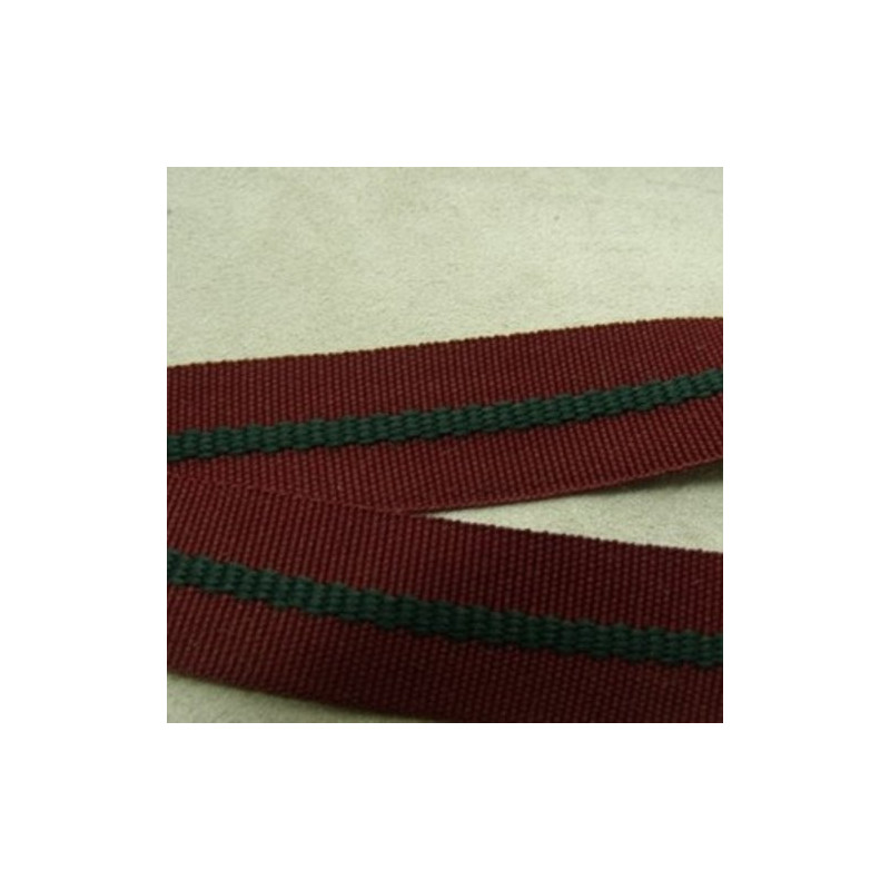 Déstockage Sangle Polyester Lanière Verte sur Fond Bordeaux 20 mm – Au mètre, lot 5 m ou 20 m
