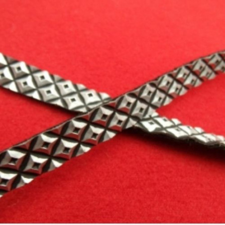Ruban Simili Cuir Skai Sur Fond Noir En Métal Argenté gaufre 13 mm