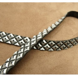 Ruban Simili Cuir Skai Sur Fond Noir En Métal Argenté gaufre 13 mm