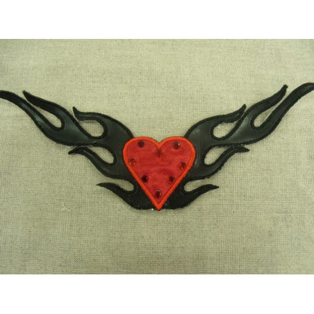 écusson thermocollant- aigle noir skai  avec cœur strass rouge
