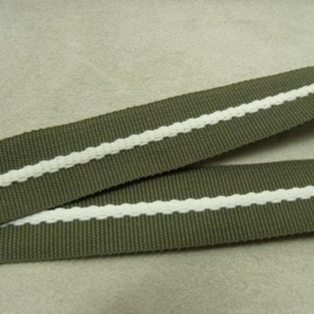 Déstockage Sangle Polyester Blanche sur Fond Vert Kaki 20 mm – Au mètre, lot 5 m ou 20 m