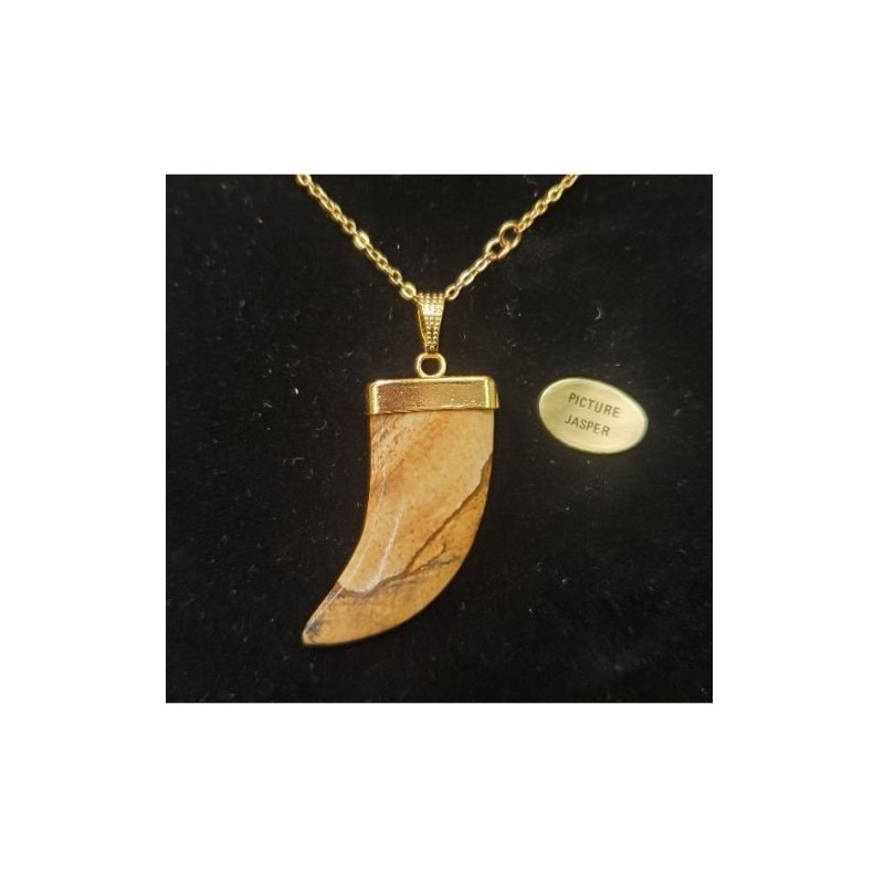 Collier avec chainette métal doré motif corne en pierre naturelle picture jasper