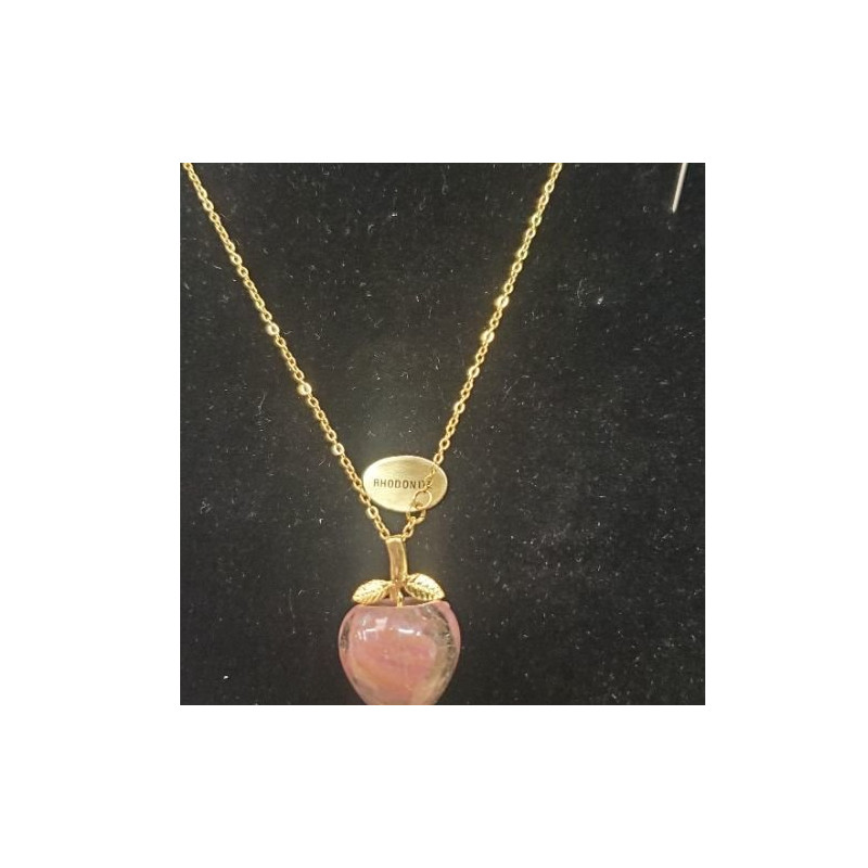 Collier avec chainette métal doré motif pomme en pierre naturelle rhodonite
