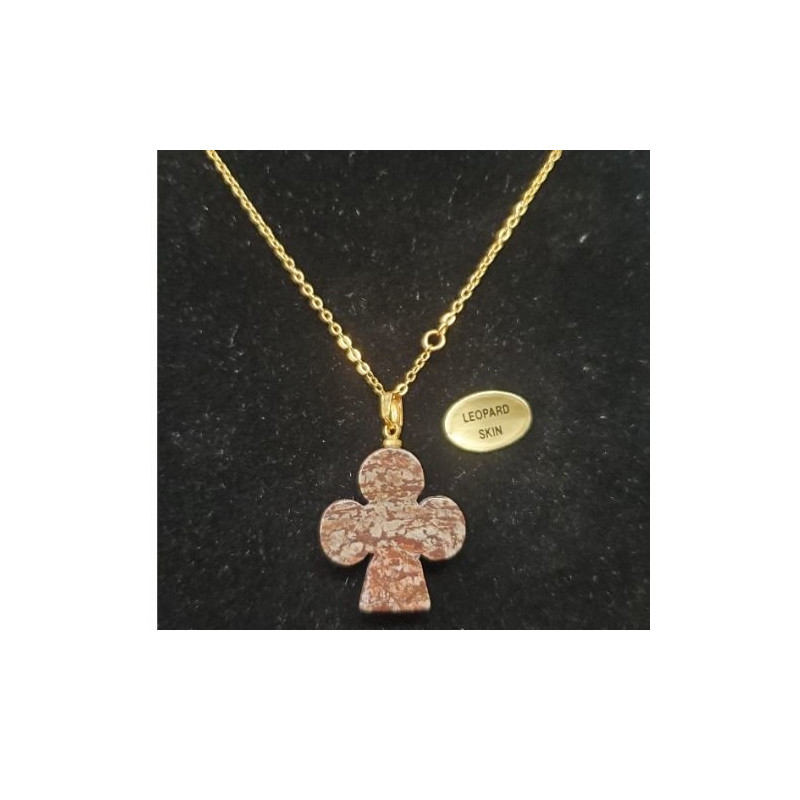 Collier avec chainette métal doré motif trefle en pierre naturelle leopard skin