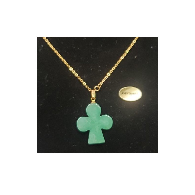Collier avec chainette métal doré motif trefle en pierre naturelle aventurine