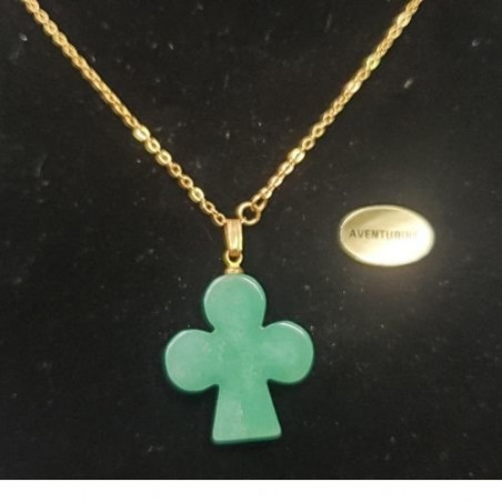 Collier avec chainette métal doré motif trefle en pierre naturelle aventurine