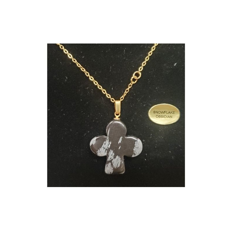 Collier avec chainette métal doré motif trefle en pierre naturelle snowflake obsidian
