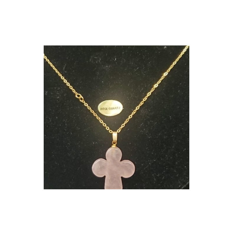 Collier avec chainette métal doré motif trefle en pierre naturelle rose quartz