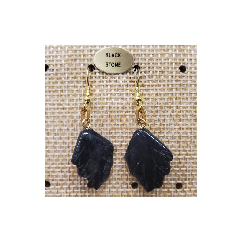 paire de boucle d'oreille motif feuille  pendentif black stone en pierre naturelle