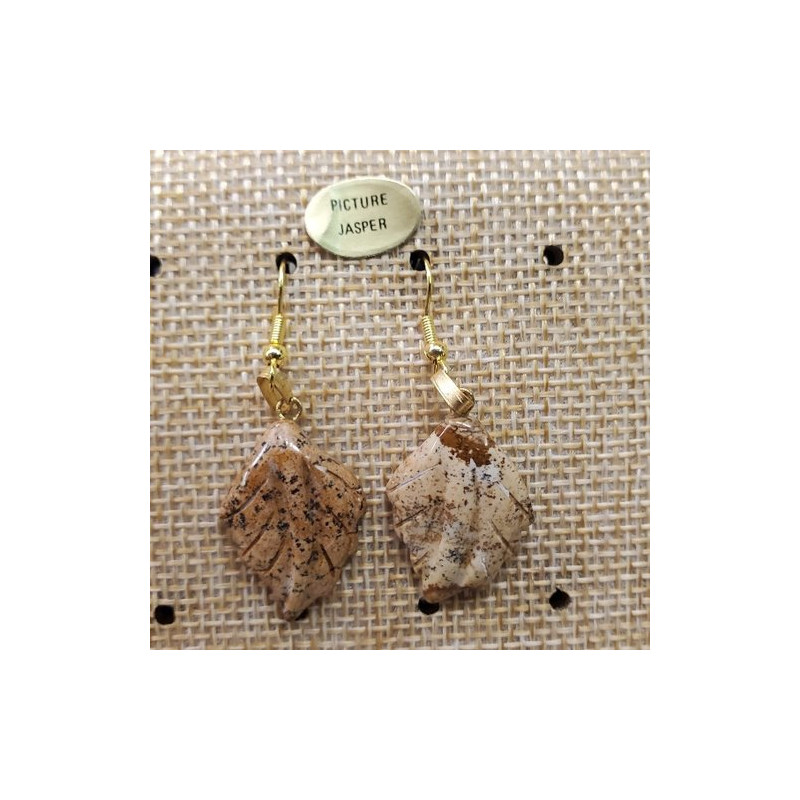 paire de boucle d'oreille motif feuille  pendentif picture jasper en pierre naturelle