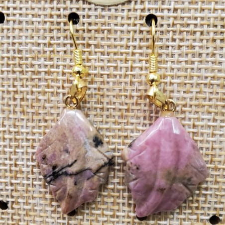 paire de boucle d'oreille motif feuille pendentif rhodonite en pierre naturelle