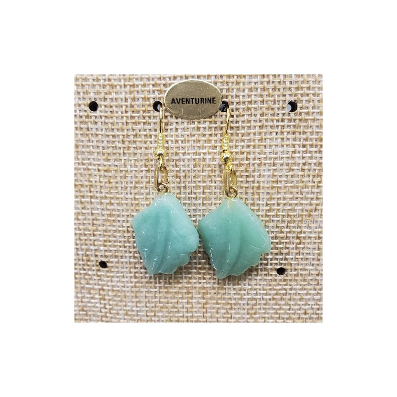 paire de boucle d'oreille motif feuille  pendentif aventurine en pierre naturelle