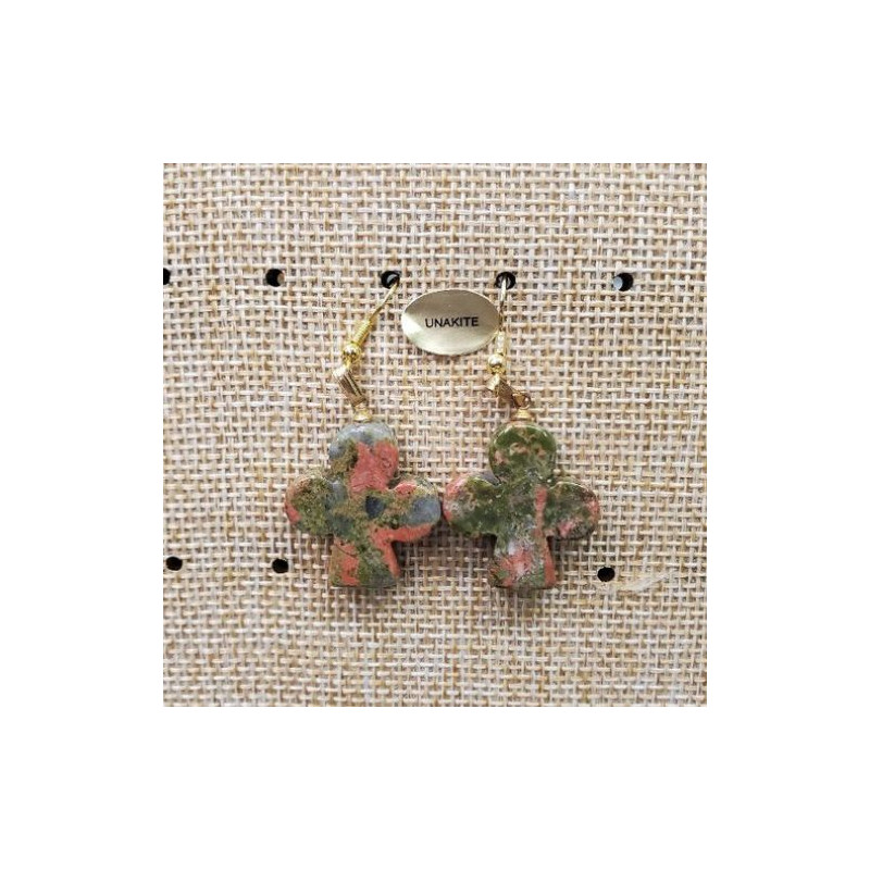 paire de boucle d'oreille en trèfle pendentif unakité en pierre naturelle