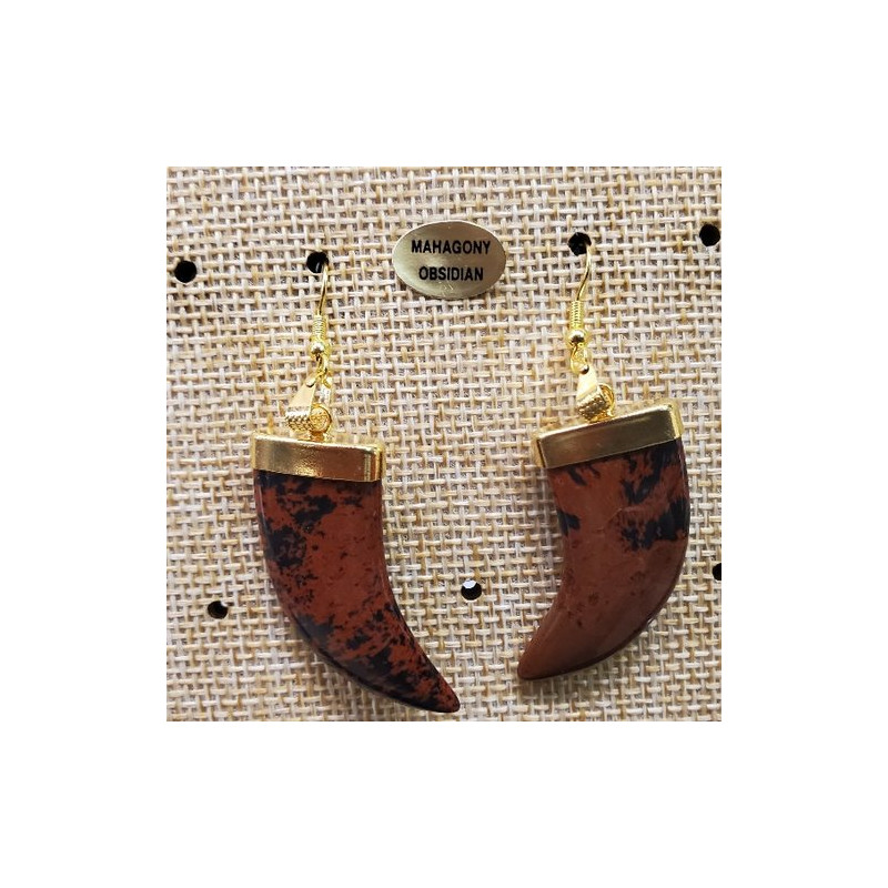 paire de boucle d'oreille motif corne pendentif mahagony obsidian en pierre naturelle