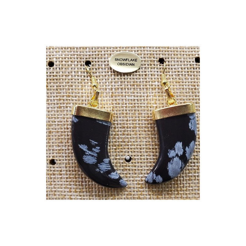 paire de boucle d'oreille motif corne  pendentif  snowflake obsidian en pierre naturelle