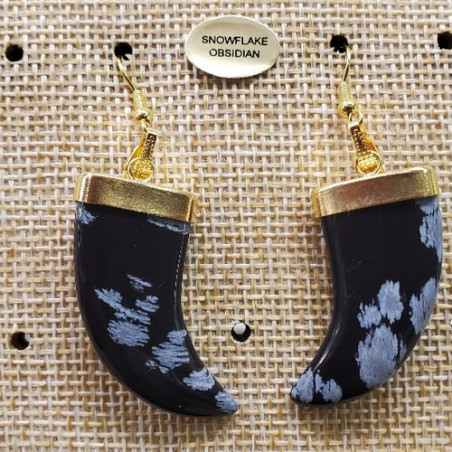 paire de boucle d'oreille motif corne  pendentif  snowflake obsidian en pierre naturelle