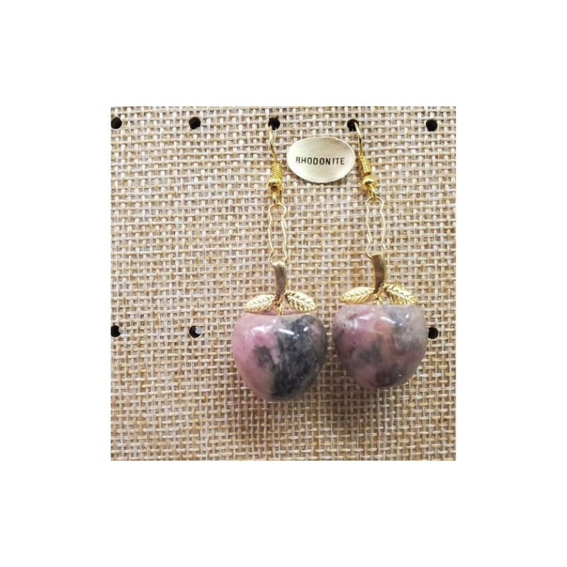 paire de boucle d'oreille motif pomme pendentif en pierre naturelle et pierre semi précieuse rhodonite