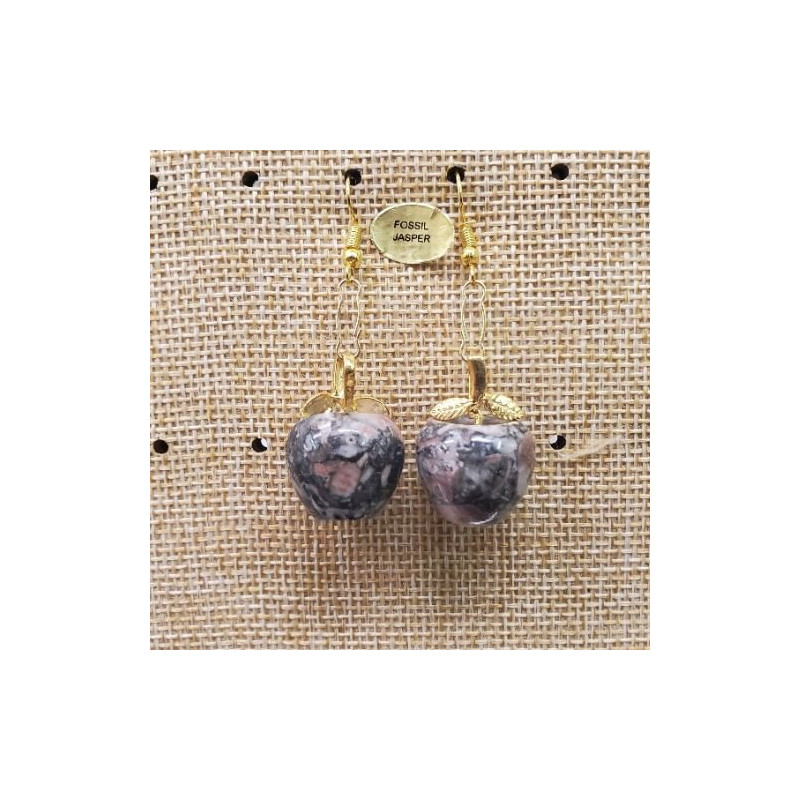 paire de boucle d'oreille motif pomme pendentif en pierre naturelle et pierre semi précieuse fossil japser