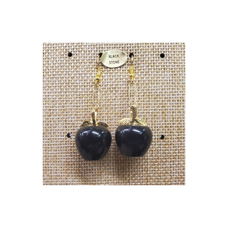 Paire de boucle d'oreille motif pomme pendentif en pierre naturelle et pierre semi précieuse black stone