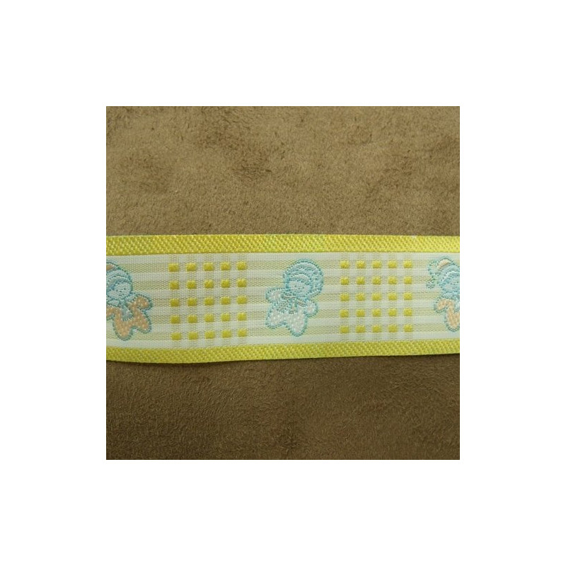 RUBAN COTON MOTIF PETITS BONHOMMES JAUNE 25 mm