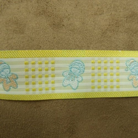 RUBAN COTON MOTIF PETITS BONHOMMES JAUNE 25 mm