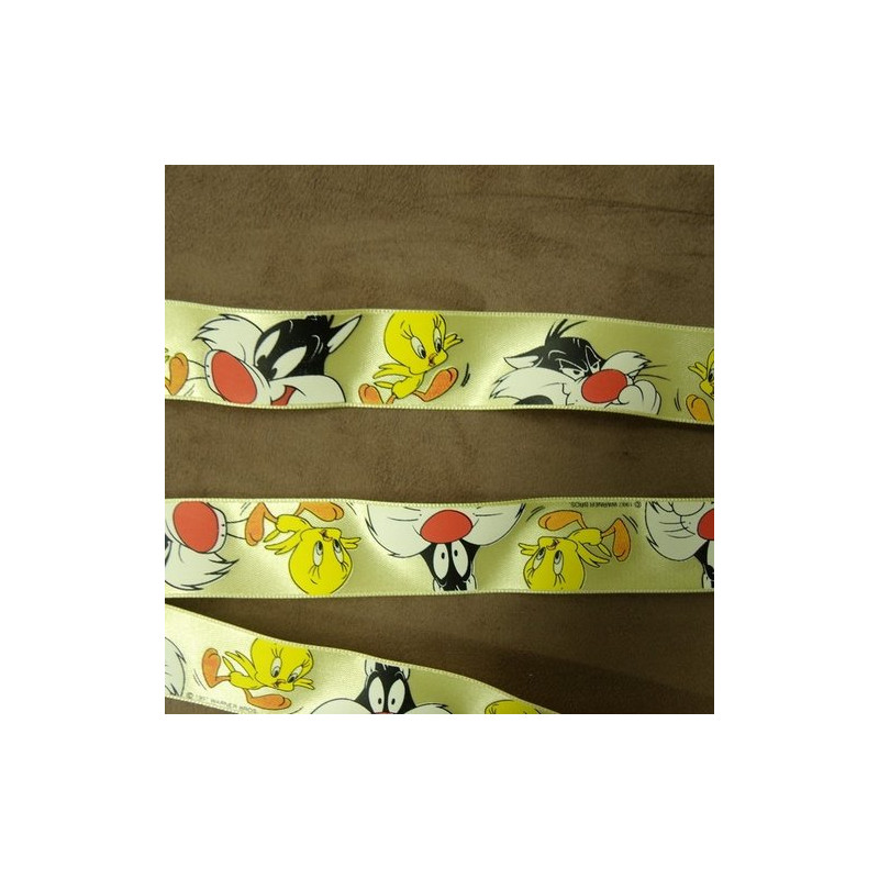 RUBAN SATIN MOTIF ENFANT FOND JAUNE 25 mm
