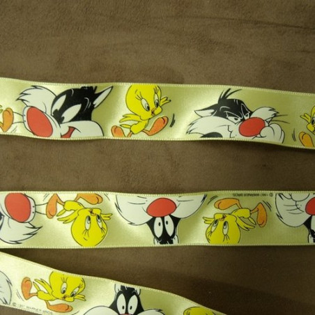 RUBAN SATIN MOTIF ENFANT FOND JAUNE 25 mm