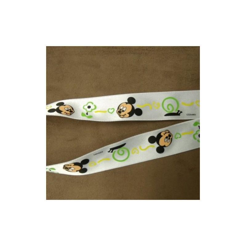 RUBAN SATIN MOTIF MICKEY FOND BLANC 25 mm