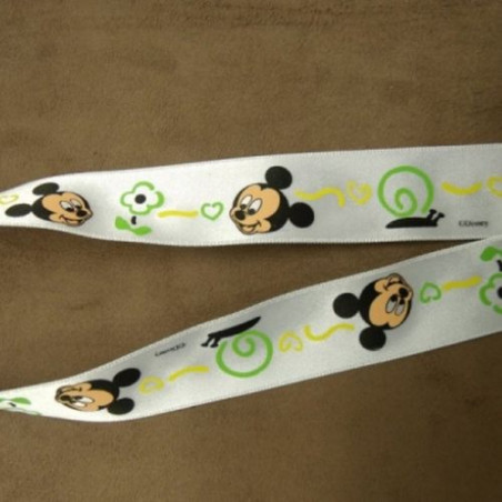 RUBAN SATIN MOTIF MICKEY FOND BLANC 25 mm