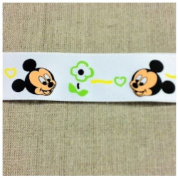 RUBAN SATIN MOTIF MICKEY FOND BLANC 25 mm