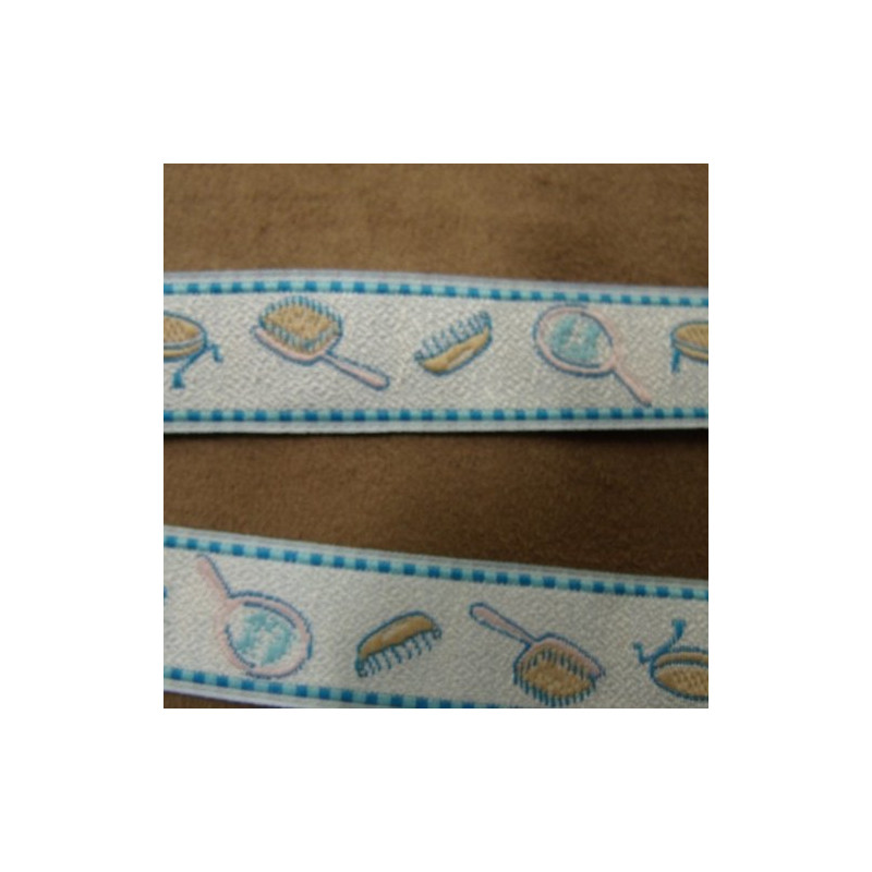 RUBAN COTON MOTIF ENFANT BLEU ET BLANC 20 mm