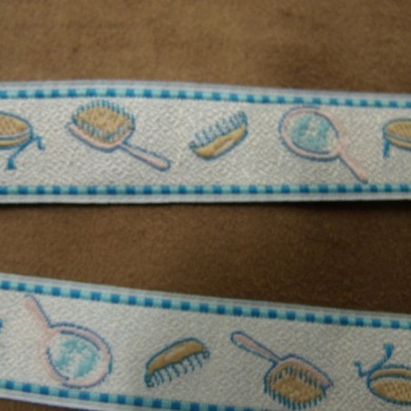 RUBAN COTON MOTIF ENFANT BLEU ET BLANC 20 mm