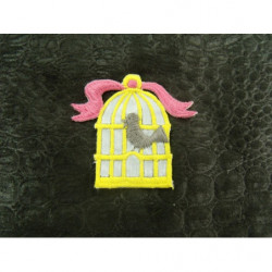 écusson à coudre motif: CAGE A OISEAU- gris jaune et rose