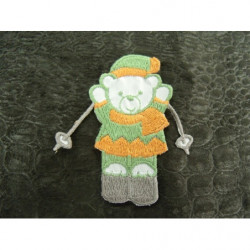 écusson à coudre- motif: NOUNOURS SKI- orange gris et vert au visage blanc