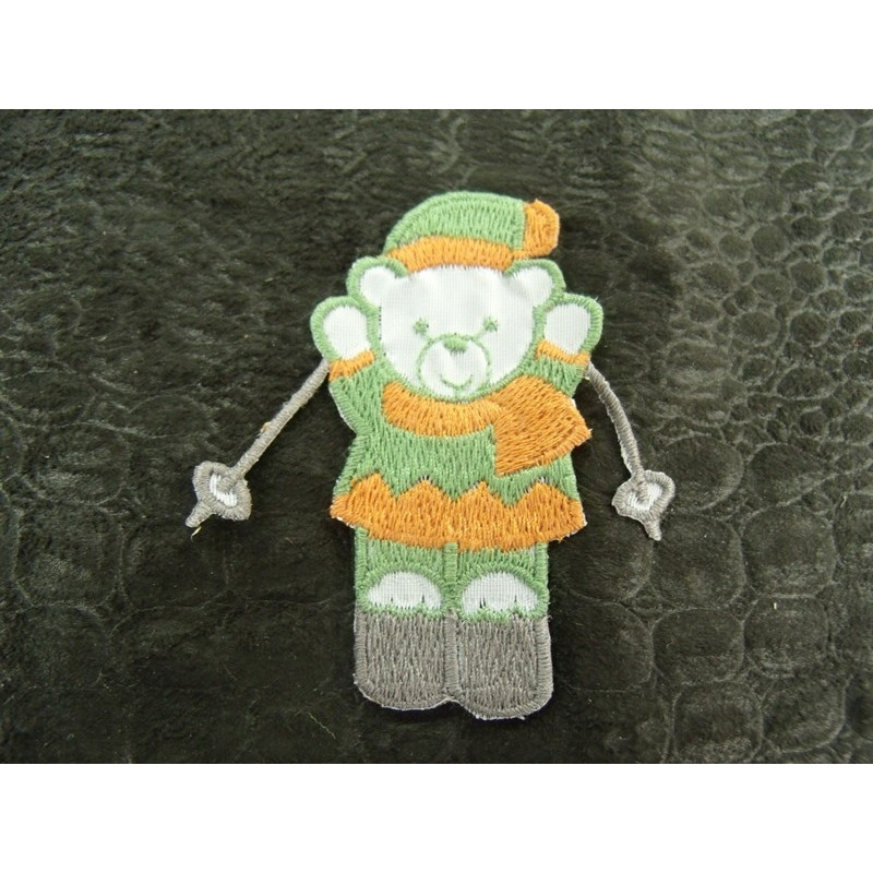 écusson à coudre- motif: NOUNOURS SKI- orange gris et vert au visage blanc écusson à coudre- motif: NOUNOURS SKI- orange gris et vert au visage blanc