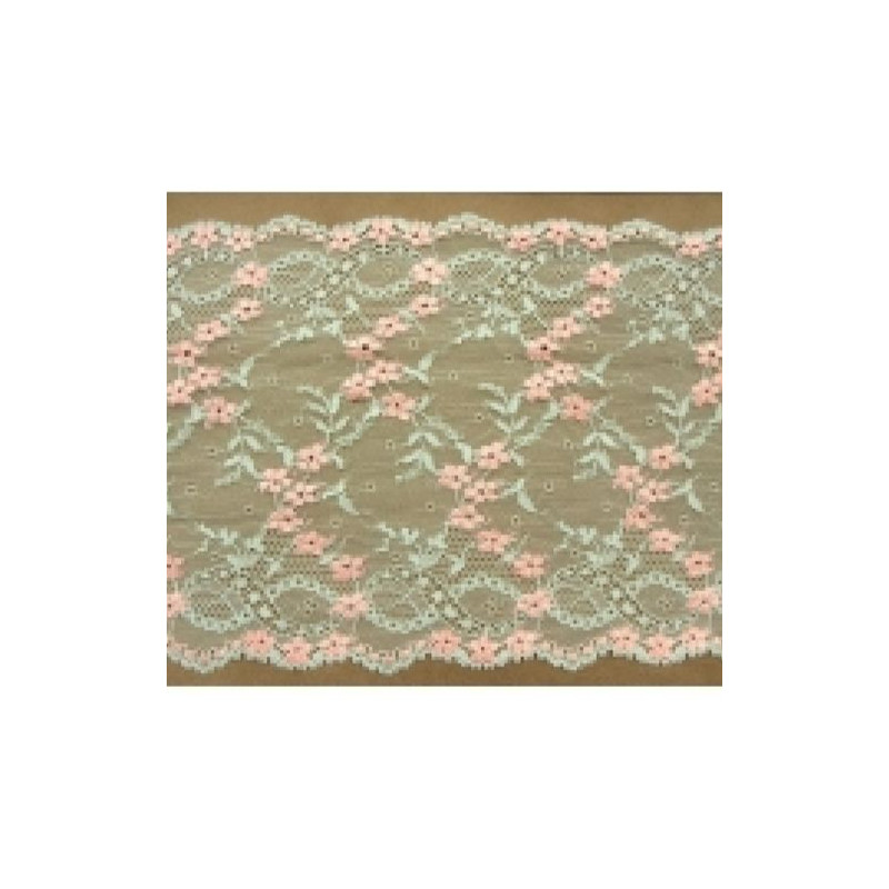 DENTELLE DE CALAIS finement dentelée sur les deux bordures bicolore vert d'eau et rose 18 cm