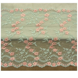 DENTELLE DE CALAIS finement dentelée sur les deux bordures bicolore vert d'eau et rose 18 cm