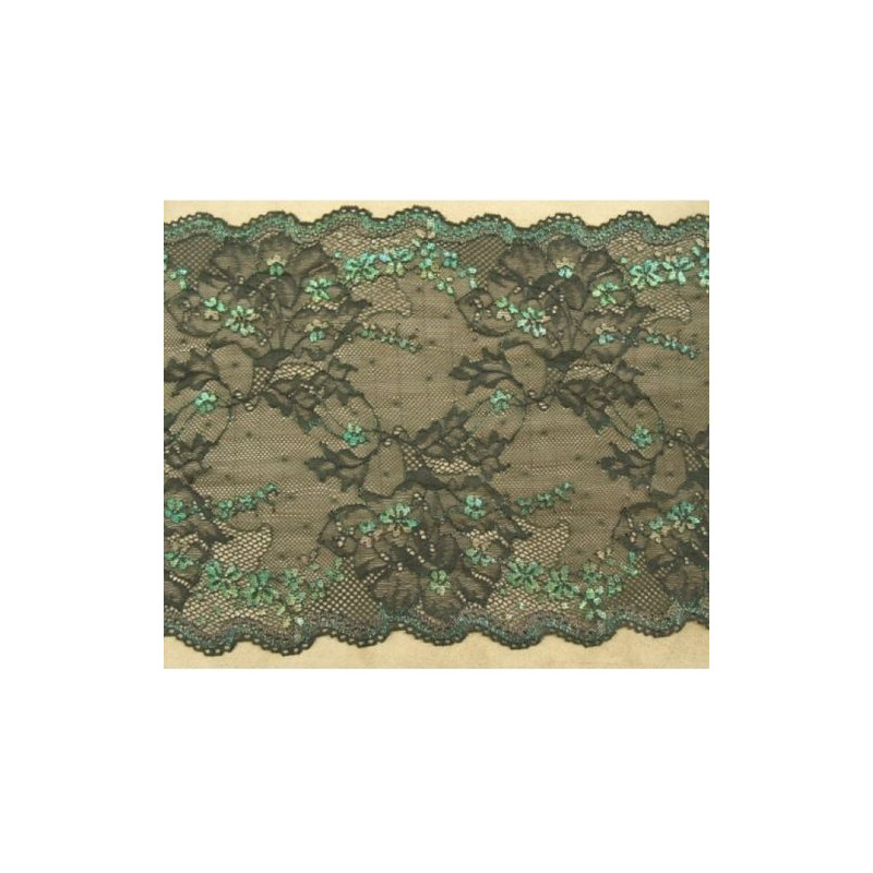 DENTELLE DE CALAIS stretch  noire surbrodé vert dentelé sur les 2 bordures 24 cm