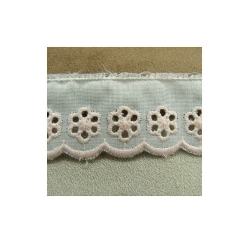 BRODERIE ANGLAISE COTON sur fond blanc brodée rose 2,5 cm / hauteur de broderie:1.5 cm