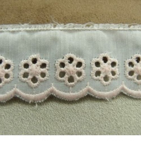 BRODERIE ANGLAISE COTON sur fond blanc brodée rose 2,5 cm / hauteur de broderie:1.5 cm