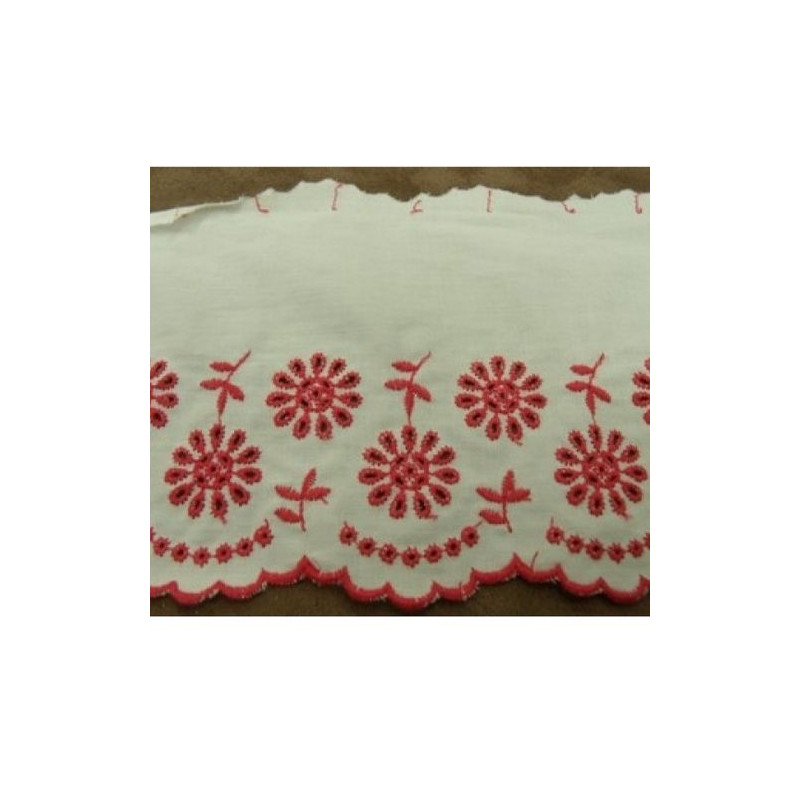 BRODERIE ANGLAISE COTON blanc & rose 13,5 cm / hauteur de broderie 7 cm